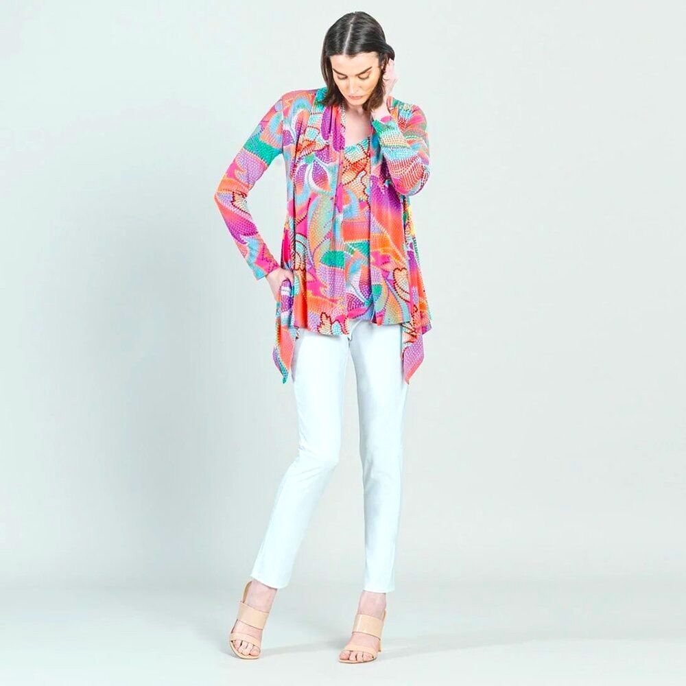 Clara SunWoo gorgeous Draped Tunic open Cardigan in Mosaic Petal Print LG vacay!